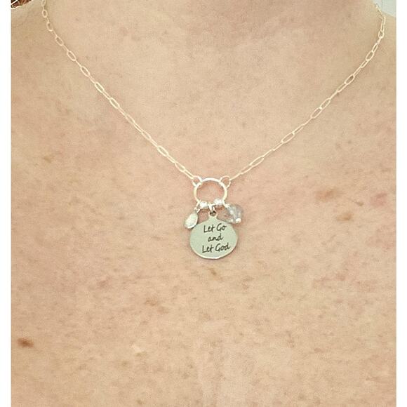 Handmade Sterling Silver Let Go Let God Necklace Pendant Opal Paperclip Dainty - Picture 2 of 5